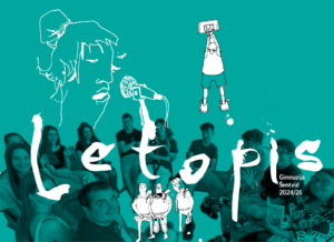 Naslovnica letopisa z napisom »Letopis«, ilustracijo pevca z mikrofonom in karikaturami, Gimnazija Šentvid 2024/25.